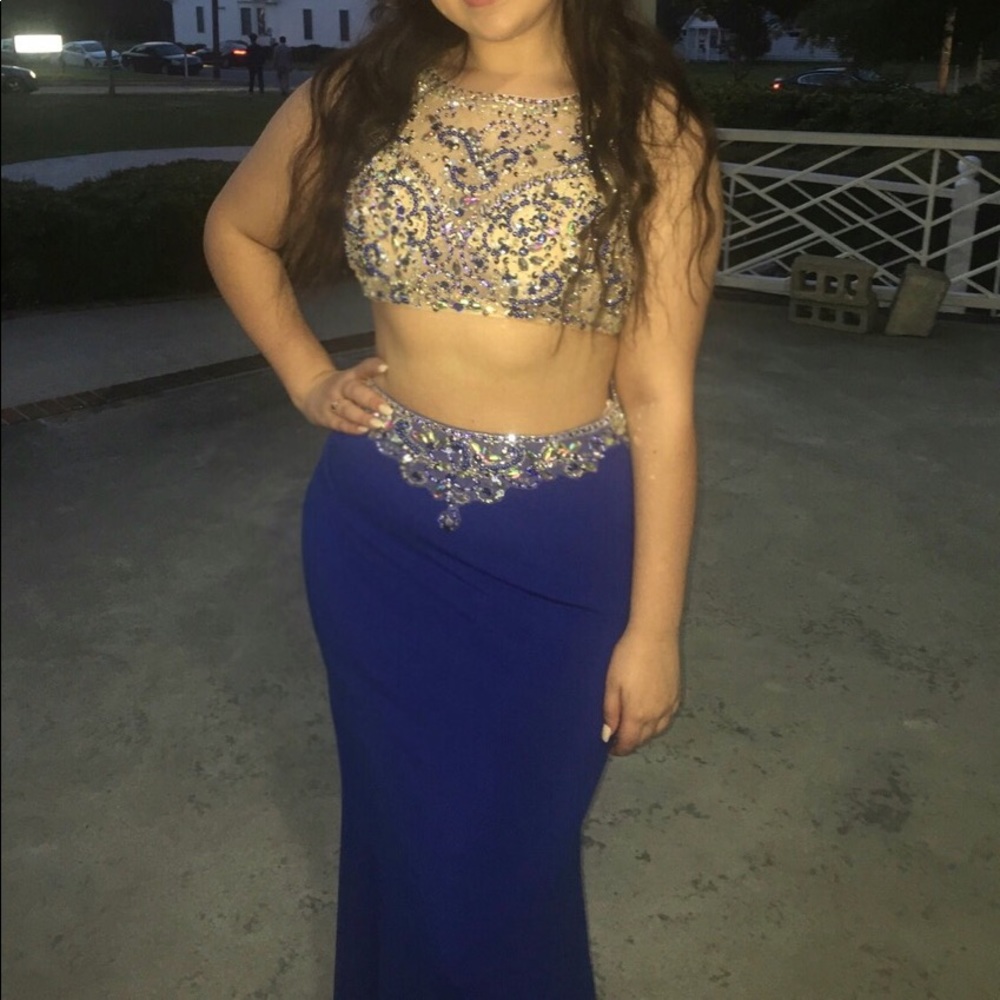 blue two piece prom dress